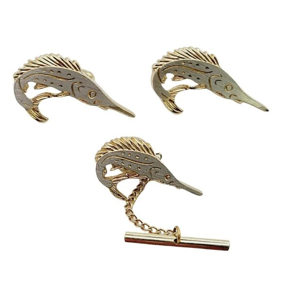 Vintage Sailfish Swordfish Tie Tack & Cuff Links Set Restored Silver Gold Tone - Picture 2 of 9